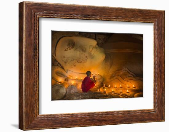 Myanmar, Bagan. Young Monk at Shinbinthalyaung Temple Reclining Buddha-Brenda Tharp-Framed Photographic Print