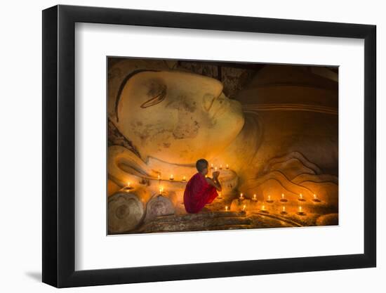 Myanmar, Bagan. Young Monk at Shinbinthalyaung Temple Reclining Buddha-Brenda Tharp-Framed Photographic Print