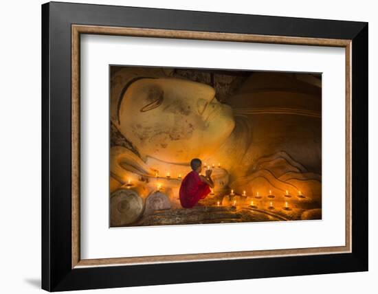 Myanmar, Bagan. Young Monk at Shinbinthalyaung Temple Reclining Buddha-Brenda Tharp-Framed Photographic Print