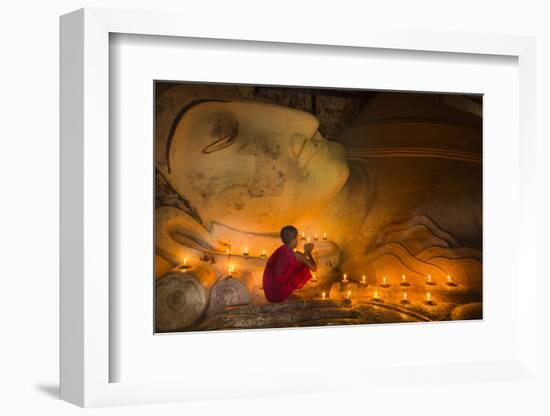 Myanmar, Bagan. Young Monk at Shinbinthalyaung Temple Reclining Buddha-Brenda Tharp-Framed Photographic Print