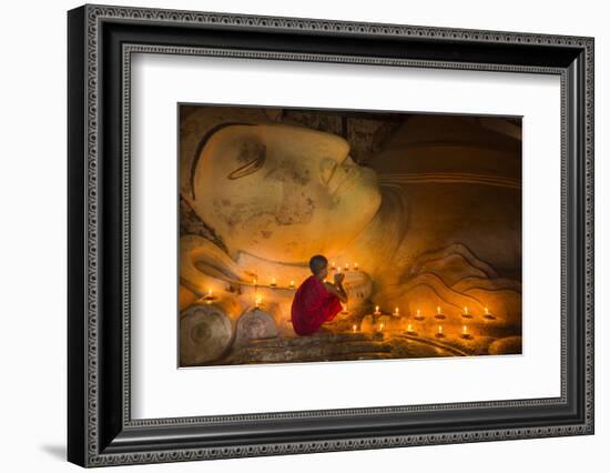 Myanmar, Bagan. Young Monk at Shinbinthalyaung Temple Reclining Buddha-Brenda Tharp-Framed Photographic Print