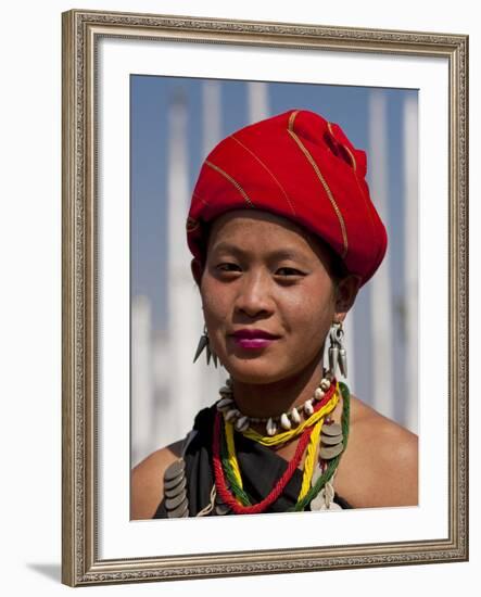 Myanmar, Burma, Loikaw; a Kayah Girl in Front of Ceremonial Posts at Chitkel Village-Katie Garrod-Framed Photographic Print