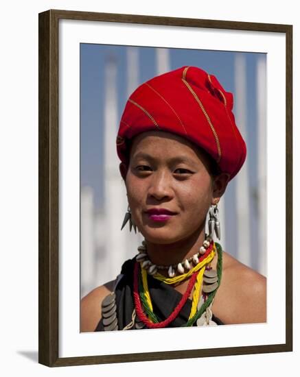 Myanmar, Burma, Loikaw; a Kayah Girl in Front of Ceremonial Posts at Chitkel Village-Katie Garrod-Framed Photographic Print