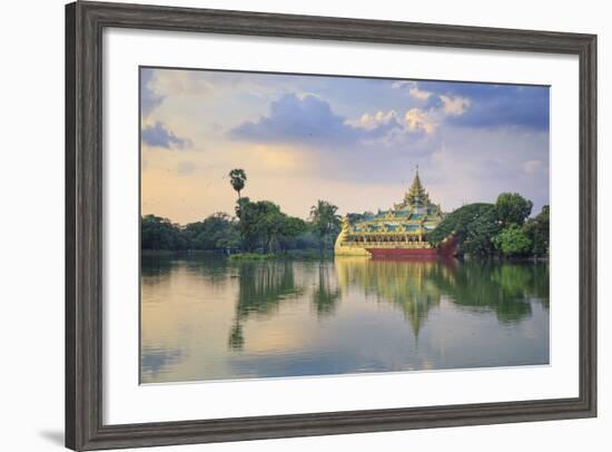 Myanmar (Burma), Yangon (Rangoon), Shwedagon Paya (Pagoda), Karaweik Hall and Kandawgyi Lake-Michele Falzone-Framed Photographic Print