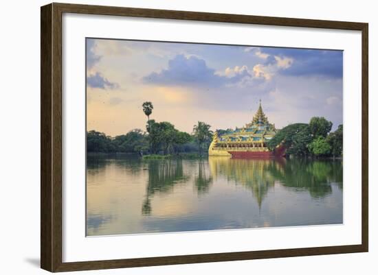 Myanmar (Burma), Yangon (Rangoon), Shwedagon Paya (Pagoda), Karaweik Hall and Kandawgyi Lake-Michele Falzone-Framed Photographic Print