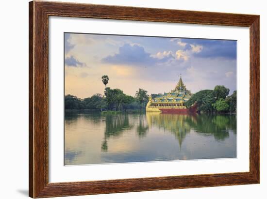 Myanmar (Burma), Yangon (Rangoon), Shwedagon Paya (Pagoda), Karaweik Hall and Kandawgyi Lake-Michele Falzone-Framed Photographic Print