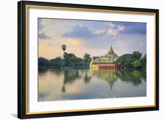 Myanmar (Burma), Yangon (Rangoon), Shwedagon Paya (Pagoda), Karaweik Hall and Kandawgyi Lake-Michele Falzone-Framed Photographic Print