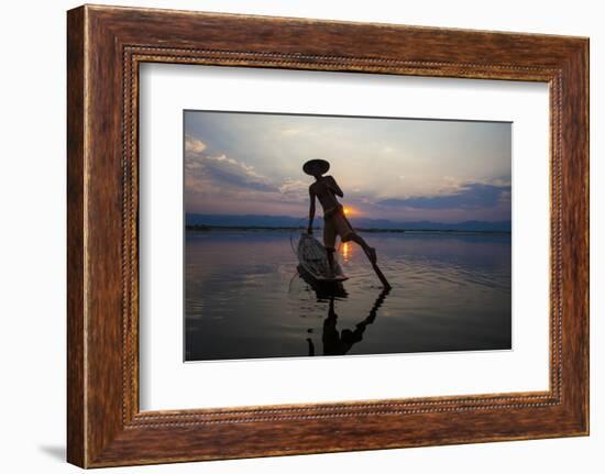 Myanmar, Inle Lake. Fisherman Rowing at Sunset-Jaynes Gallery-Framed Photographic Print