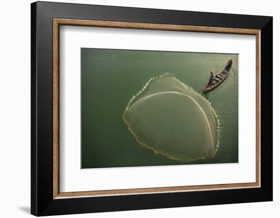 Myanmar, Mandalay, Amarapura. Fisherman Casting Net on Irrawaddy River-Jaynes Gallery-Framed Photographic Print