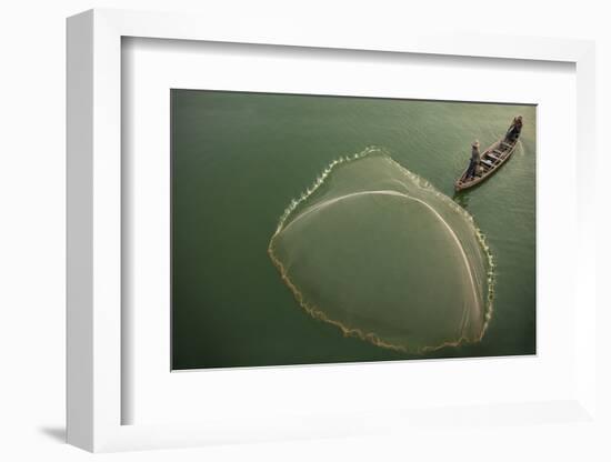 Myanmar, Mandalay, Amarapura. Fisherman Casting Net on Irrawaddy River-Jaynes Gallery-Framed Photographic Print