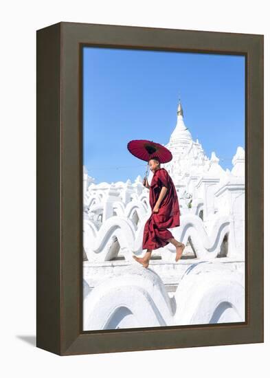 Myanmar, Mandalay Division, Mingun. Novice Monk with Red Umbrella Jumping on Hsinbyume Pagoda (Mr)-Matteo Colombo-Framed Premier Image Canvas