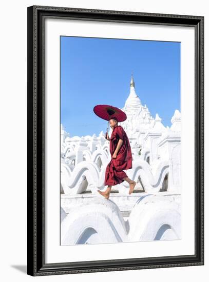 Myanmar, Mandalay Division, Mingun. Novice Monk with Red Umbrella Jumping on Hsinbyume Pagoda (Mr)-Matteo Colombo-Framed Photographic Print