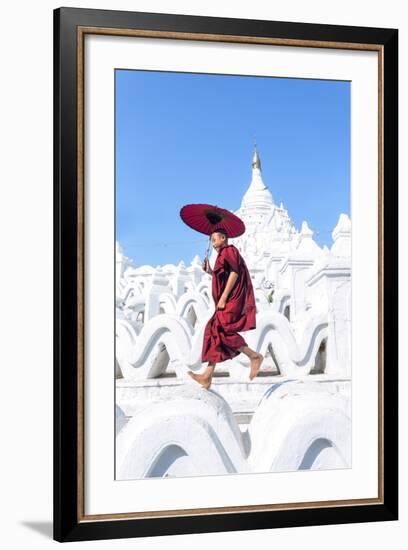 Myanmar, Mandalay Division, Mingun. Novice Monk with Red Umbrella Jumping on Hsinbyume Pagoda (Mr)-Matteo Colombo-Framed Photographic Print