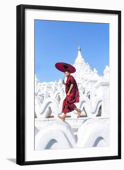 Myanmar, Mandalay Division, Mingun. Novice Monk with Red Umbrella Jumping on Hsinbyume Pagoda (Mr)-Matteo Colombo-Framed Photographic Print