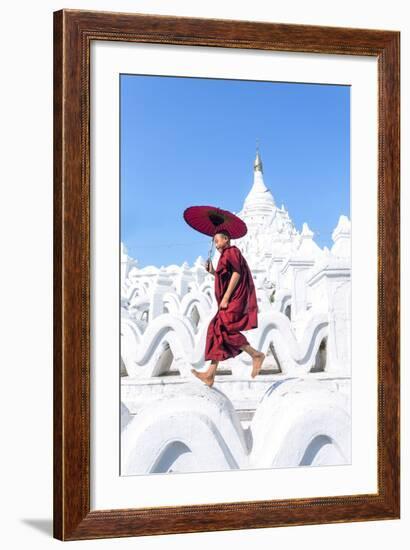 Myanmar, Mandalay Division, Mingun. Novice Monk with Red Umbrella Jumping on Hsinbyume Pagoda (Mr)-Matteo Colombo-Framed Photographic Print