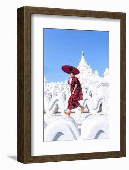 Myanmar, Mandalay Division, Mingun. Novice Monk with Red Umbrella Jumping on Hsinbyume Pagoda (Mr)-Matteo Colombo-Framed Photographic Print