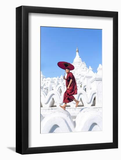 Myanmar, Mandalay Division, Mingun. Novice Monk with Red Umbrella Jumping on Hsinbyume Pagoda (Mr)-Matteo Colombo-Framed Photographic Print