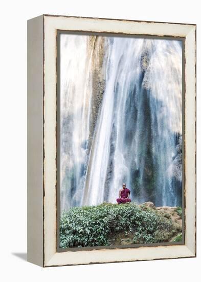 Myanmar, Mandalay Division, Pyin Oo Lwin. Burmese Monk Meditating under Dattawgyaik Waterfall (Mr)-Matteo Colombo-Framed Premier Image Canvas