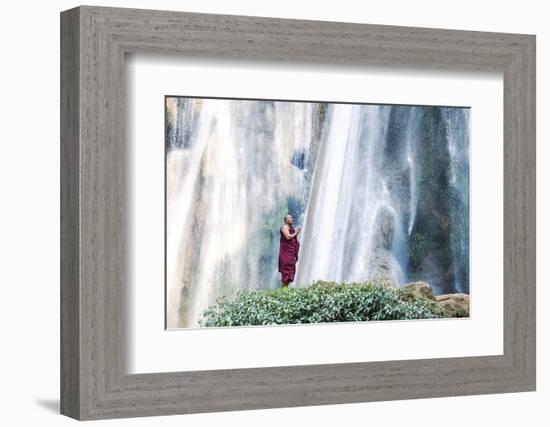 Myanmar, Mandalay Division, Pyin Oo Lwin. Burmese Monk Praying under Dattawgyaik Waterfall (Mr)-Matteo Colombo-Framed Photographic Print