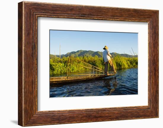 Myanmar. Shan State. Inle Lake. Intha Fisherman Rowing with His Foot-Inger Hogstrom-Framed Photographic Print