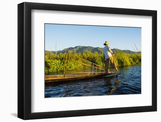 Myanmar. Shan State. Inle Lake. Intha Fisherman Rowing with His Foot-Inger Hogstrom-Framed Photographic Print