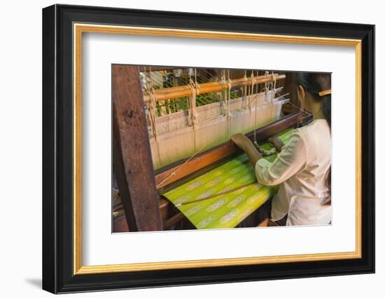 Myanmar. Shan State. Inle Lake. Woman weaving silk at a wooden loom.-Inger Hogstrom-Framed Photographic Print