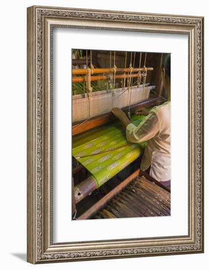 Myanmar. Shan State. Inle Lake. Woman weaving silk at a wooden loom.-Inger Hogstrom-Framed Photographic Print