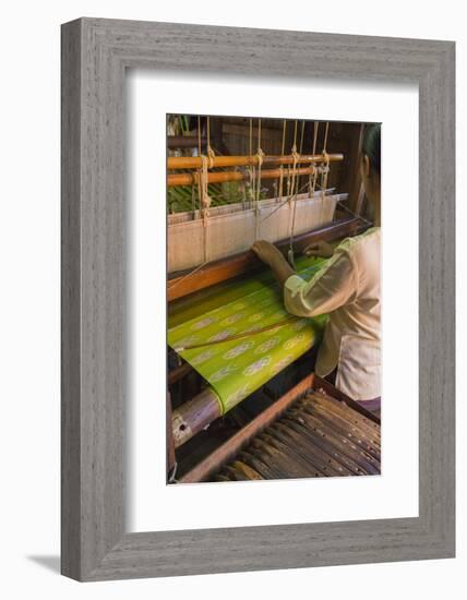 Myanmar. Shan State. Inle Lake. Woman weaving silk at a wooden loom.-Inger Hogstrom-Framed Photographic Print