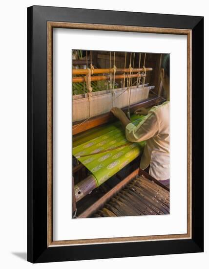 Myanmar. Shan State. Inle Lake. Woman weaving silk at a wooden loom.-Inger Hogstrom-Framed Photographic Print