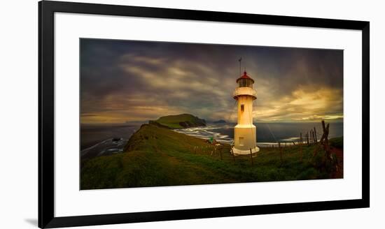 Mykinesholmur lighthouse and Mykines island at sunset, Faroe Islands, Denmark-null-Framed Photographic Print