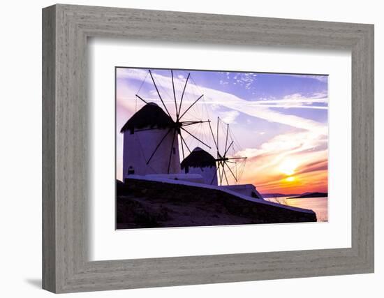 Mykonos, Greece. Sunset over Two Windmills on the Aegean Sea-Jolly Sienda-Framed Photographic Print