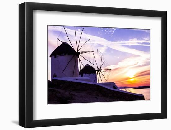 Mykonos, Greece. Sunset over Two Windmills on the Aegean Sea-Jolly Sienda-Framed Photographic Print