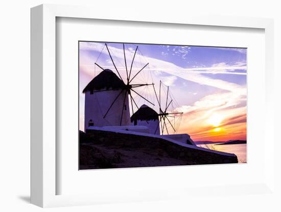 Mykonos, Greece. Sunset over Two Windmills on the Aegean Sea-Jolly Sienda-Framed Photographic Print