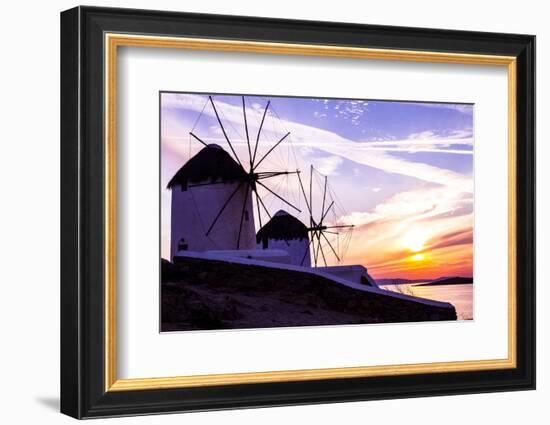 Mykonos, Greece. Sunset over Two Windmills on the Aegean Sea-Jolly Sienda-Framed Photographic Print