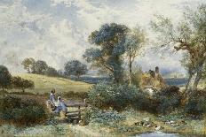 Fowl House Farm, Witley, with Children, a Shepherd and a Flock of Sheep Nearby-Myles Birket Foster-Giclee Print