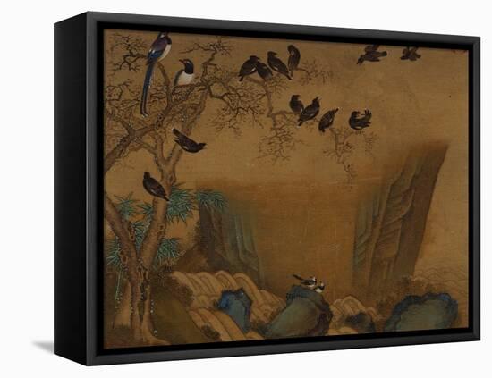 Mynah Birds Gathering in a Tree by a Stream. from an Album of Bird Paintings-Gao Qipei-Framed Premier Image Canvas