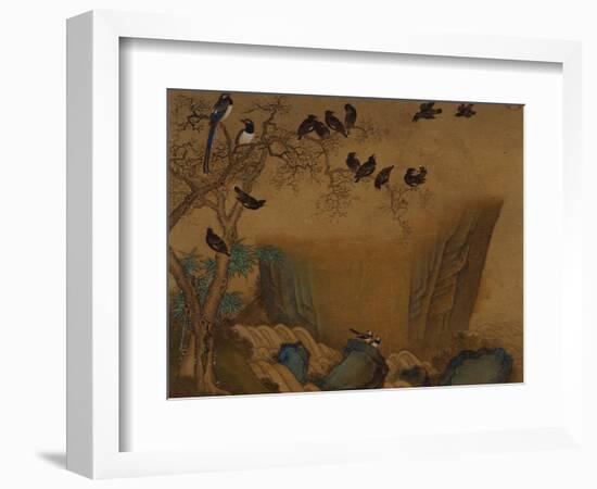 Mynah Birds Gathering in a Tree by a Stream. from an Album of Bird Paintings-Gao Qipei-Framed Giclee Print