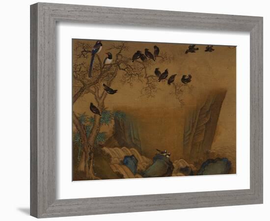 Mynah Birds Gathering in a Tree by a Stream. from an Album of Bird Paintings-Gao Qipei-Framed Giclee Print