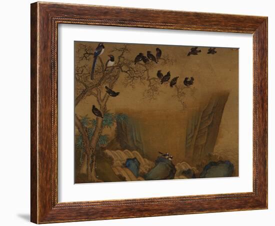 Mynah Birds Gathering in a Tree by a Stream. from an Album of Bird Paintings-Gao Qipei-Framed Giclee Print