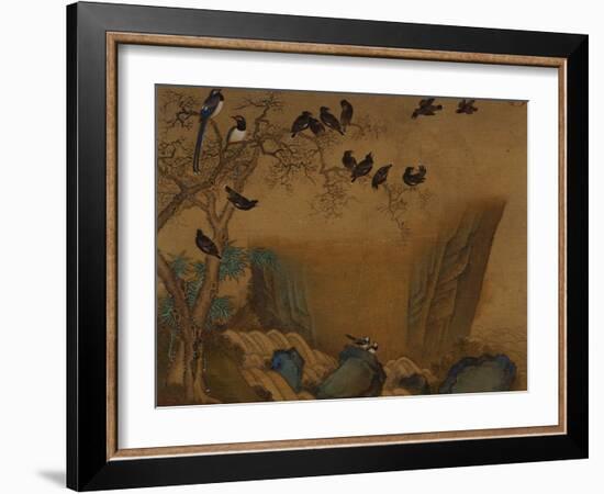 Mynah Birds Gathering in a Tree by a Stream. from an Album of Bird Paintings-Gao Qipei-Framed Giclee Print