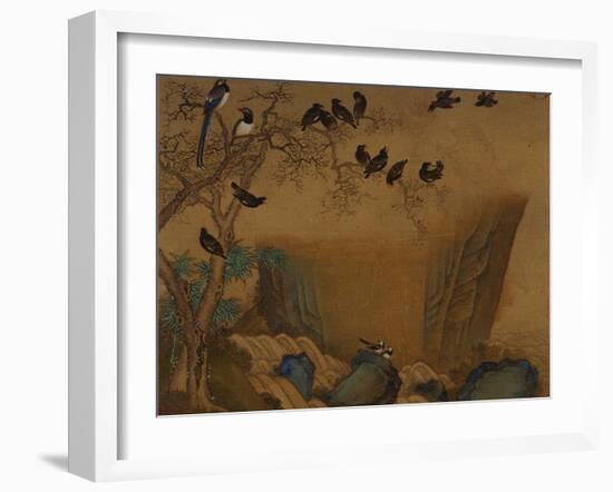 Mynah Birds Gathering in a Tree by a Stream. from an Album of Bird Paintings-Gao Qipei-Framed Giclee Print