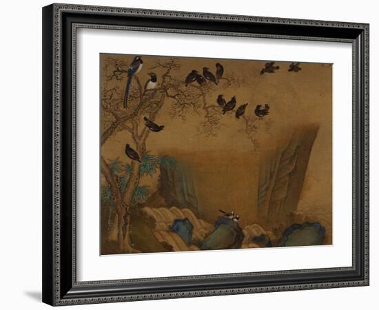 Mynah Birds Gathering in a Tree by a Stream. from an Album of Bird Paintings-Gao Qipei-Framed Giclee Print