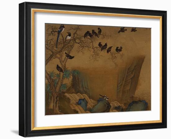 Mynah Birds Gathering in a Tree by a Stream. from an Album of Bird Paintings-Gao Qipei-Framed Giclee Print