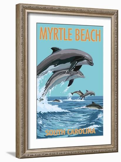 Myrtle Beach, South Carolina - Dolphins Swimming-Lantern Press-Framed Art Print