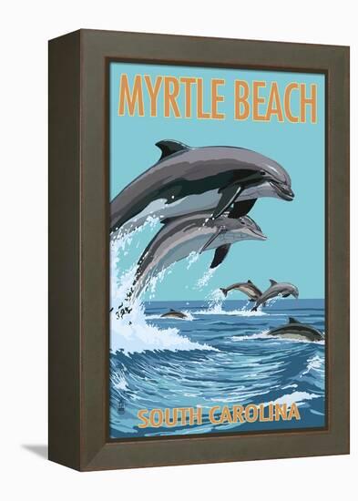Myrtle Beach, South Carolina - Dolphins Swimming-Lantern Press-Framed Stretched Canvas