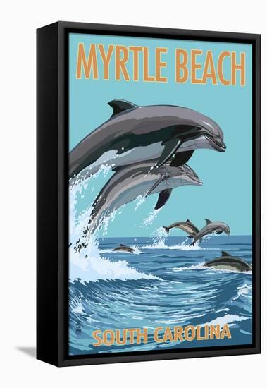 Myrtle Beach, South Carolina - Dolphins Swimming-Lantern Press-Framed Stretched Canvas