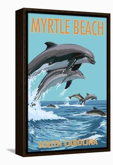 Myrtle Beach, South Carolina - Dolphins Swimming-Lantern Press-Framed Stretched Canvas