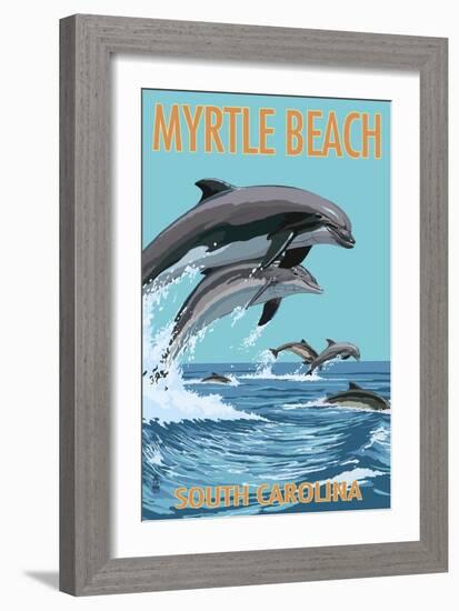 Myrtle Beach, South Carolina - Dolphins Swimming-Lantern Press-Framed Premium Giclee Print