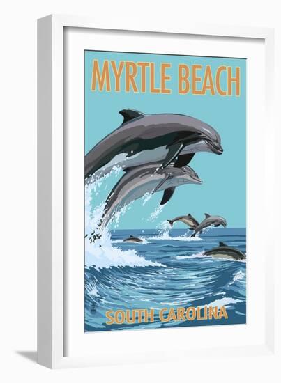 Myrtle Beach, South Carolina - Dolphins Swimming-Lantern Press-Framed Premium Giclee Print