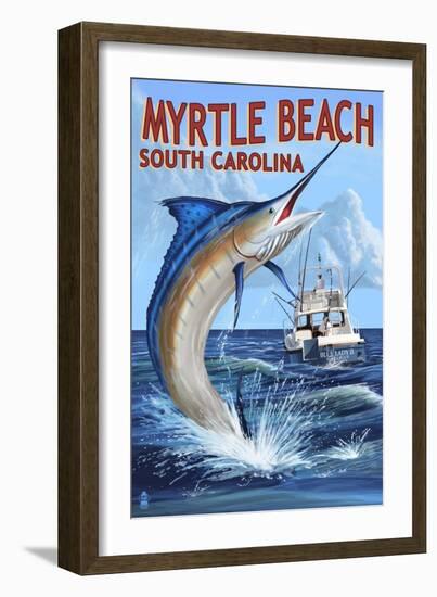 Myrtle Beach, South Carolina - Marlin Fishing Scene-Lantern Press-Framed Art Print